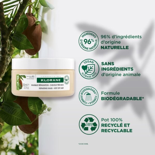 Klorane – Masque Réparation 3 en 1 au Cupuaçu BIO – Cheveux très secs 150 ml – Image 2