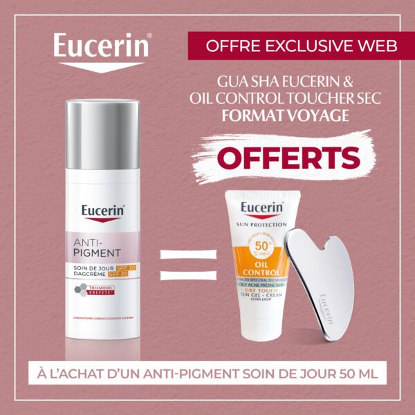 EUCERIN ANTI-PIGMENT SOIN DE JOUR SPF 30 – 50 ML = GUASHA + FORMAT VOYAGE OFFERTS
