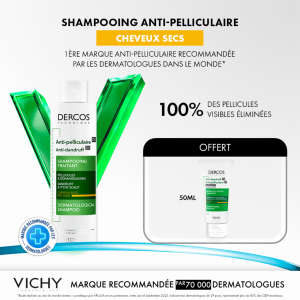 Vichy Dercos Shampoing Traitant Anti-Pelliculaire Cheveux Secs | 200ml = 1 Shampooing miniature Offert